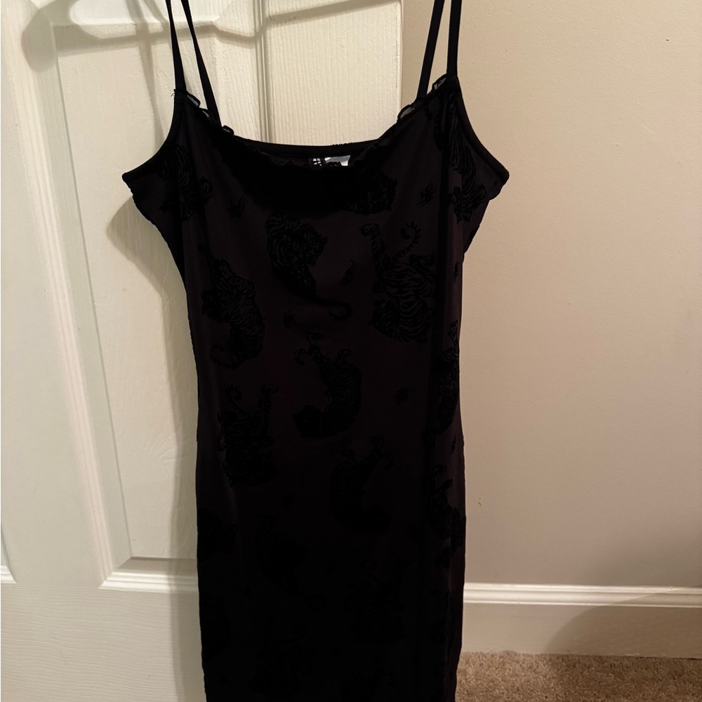 Divided Black Mini Dress with Animal Print